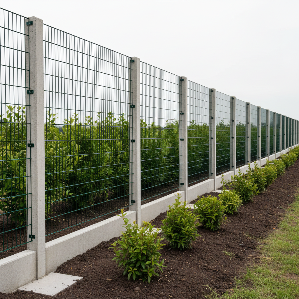 A robust garden fence installation along a neatly landscaped property boundary, consisting of dark green coated metal mesh panels mounted between smooth, light-grey concrete posts, each set in perfectly aligned concrete footings. At the fence base, a low concrete plinth runs seamlessly, preventing soil spill from an elevated garden bed filled with dark, rich earth and newly planted hedging. Midday diffused light from an overcast sky ensures even illumination on all surfaces, with soft shadows under the hedges. Captured from a straight-on eye-level perspective, the image shows the fence receding into the distance, giving a strong sense of order and security. The mood is reliably professional, with crisp photographic realism and sharp detail that communicates durable, precise fencing work.