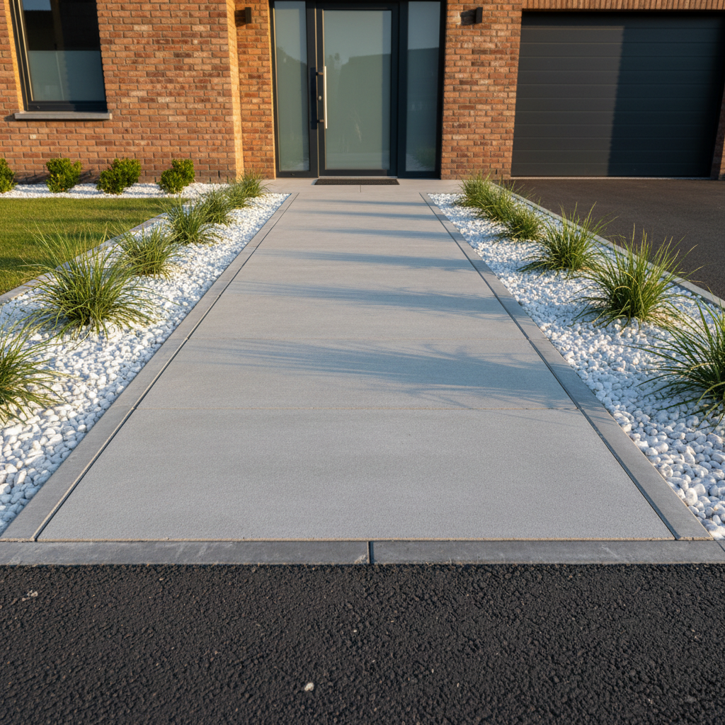 A meticulously constructed front garden in Lanaken combining paving, planting and gravel, with a straight, light-grey concrete block path leading from the sidewalk to a front door, flanked by symmetrical beds of decorative white gravel and low ornamental grasses. Concrete edging stones precisely separate all areas, preventing gravel from spilling onto the path or adjacent dark asphalt driveway. Soft golden-hour light warms the surfaces, creating gentle highlights on the gravel and subtle shadows behind the grasses, enhancing depth. Captured from a low, forward-facing angle, the path draws the viewer’s eye toward the house while maintaining sharp focus throughout. The atmosphere is clean, modern and well-organized, conveying professional garden design and execution in a realistic photographic style.
