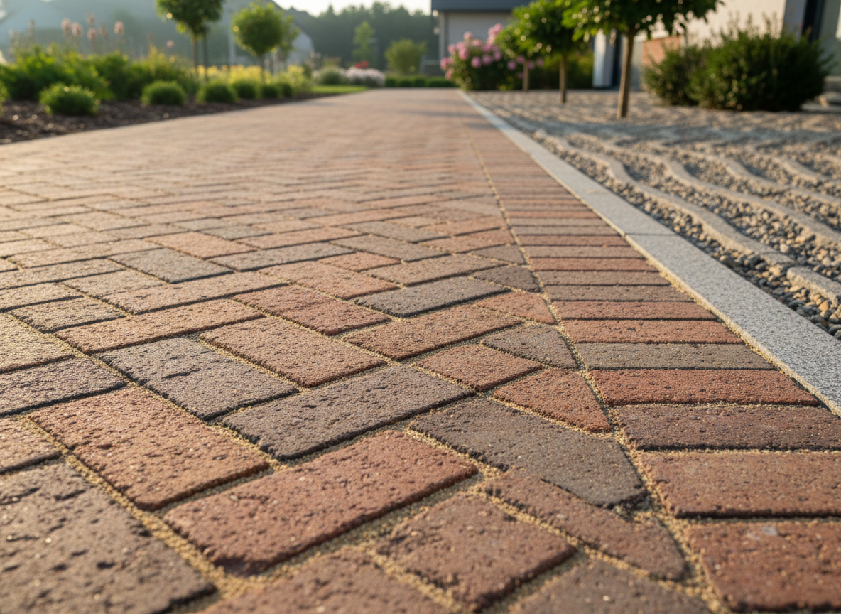 A close-up, low-angle view of an intricate herringbone patterned brick pavement on a residential walkway in Lanaken, where each brick has a slightly rough surface and subtle color variation from warm red to muted brown. Fine joint sand fills the narrow gaps, and a narrow granite curb firmly borders the path, separating it from meticulously raked decorative gravel. Soft morning sunlight grazes across the bricks, emphasizing their relief and casting delicate, directional shadows. The background gently fades into bokeh, hinting at a landscaped garden with shrubs and small trees. The composition centers on the pattern, highlighting craftsmanship and precision, with a clean, modern, photographic style that feels refined and professional.