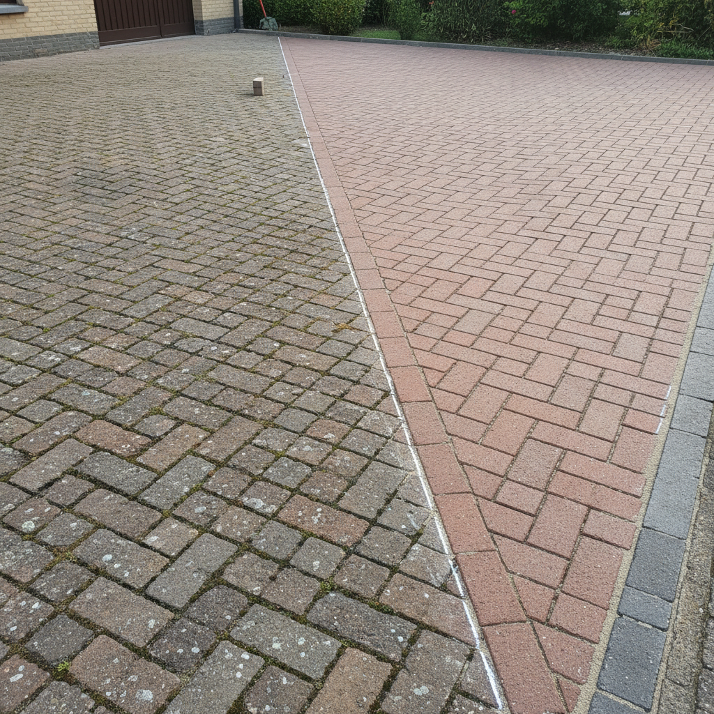 A detailed restoration scene of an older brick driveway in Gellik, where half the surface shows worn, sunken, and discolored pavers, and the other half displays freshly relaid bricks in a tight, level pattern. A straight chalk line runs across the center, marking alignment for the repair. The clean section features new joint sand and a crisp, straight border, while the unrestored part shows gaps and moss. Soft, cloud-filtered afternoon light gently illuminates the textures, highlighting the contrast between old and renewed work. Shot from a slightly elevated, diagonal angle with strong depth of field, the composition visually narrates the before-and-after transformation in one frame, underscoring professional craftsmanship in photographic realism.
