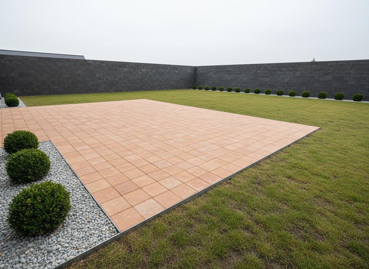 A spacious backyard in Gellik transformed into a balanced outdoor living area, featuring a large rectangular terrace of warm-toned clay pavers, seamlessly adjoining a lush, freshly seeded lawn. Along the terrace edge, a straight line of galvanized steel edging separates decorative gravel and structured boxwood shrubs. A sturdy, dark anthracite concrete block retaining wall defines the back boundary. Overcast daylight provides even, diffused illumination, revealing every texture from the paver surfaces to the grass blades without harsh shadows. Photographed from a slightly elevated corner perspective, the composition follows the rule of thirds and maintains deep focus throughout. The atmosphere is calm, organized and inviting, expressing professional garden construction and thoughtful design in photographic realism.